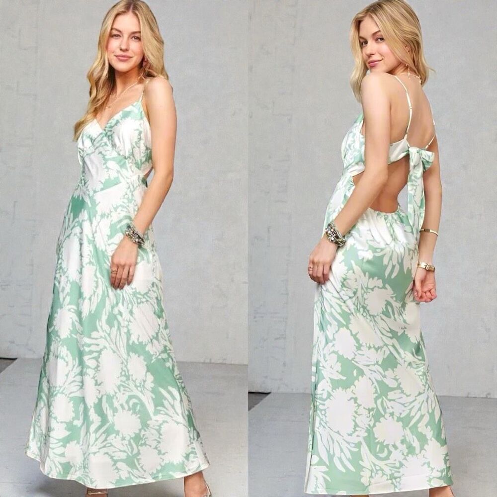 Adora Eucalyptus Floral Silky Satin Open-Back Tie Maxi Dress NEW - Picture 4 of 13
